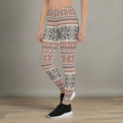 Image: Fair Isle Leggings with a Nordic Snowflake pattern in cream, maroon and navy blue. Scandi Active wear yoga pants for women,  by jaecrece