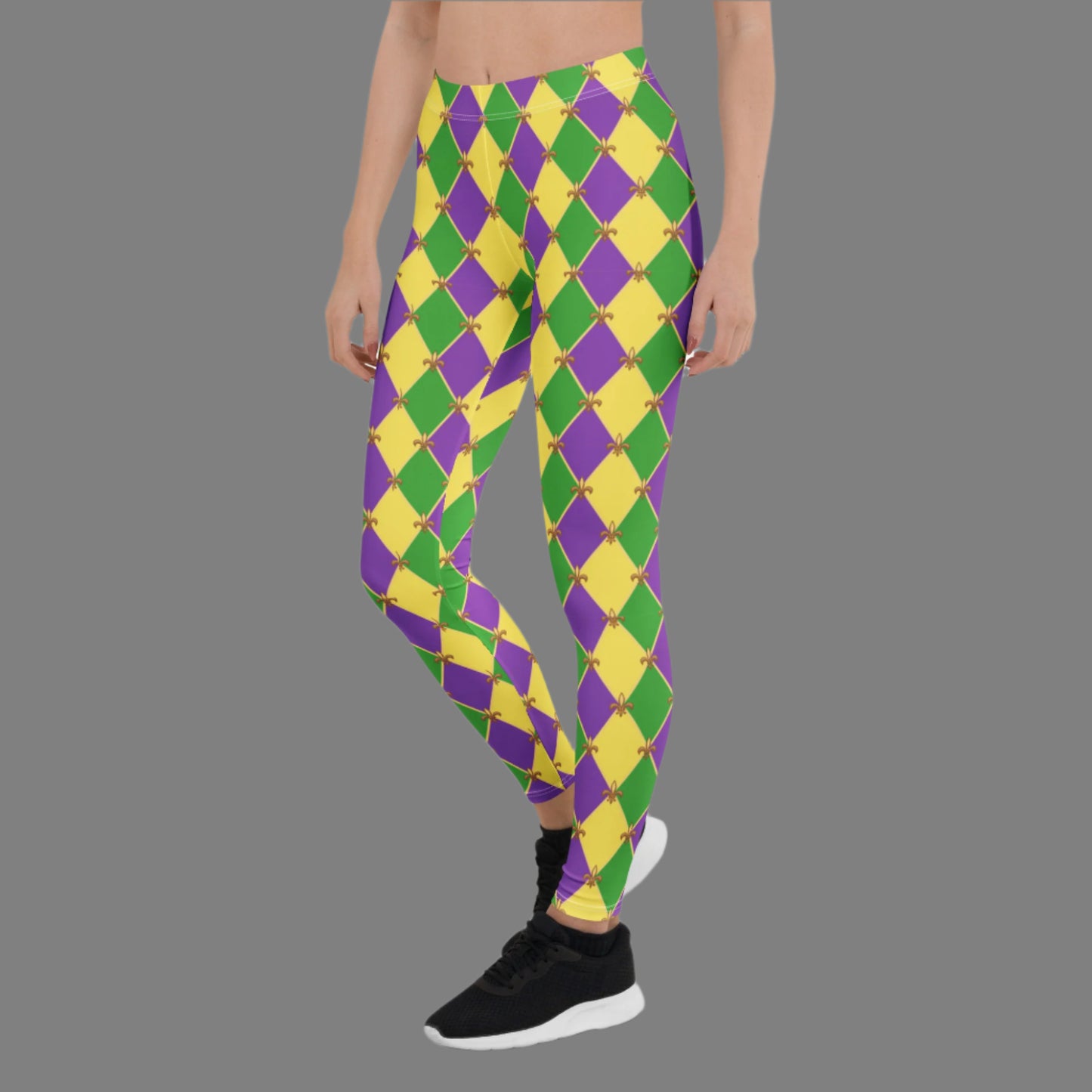 image: harlequin diamond or checkerboard pattern leggings in purple, green and gold, with a repeating Fleur de Lis pattern, by jaecrece
Mardi Gras Leggings, Fat Tuesday Tights, Women Parade Outfit, Yoga Workout Pants, Mommy Me Match, New Orleans NOLA Costume