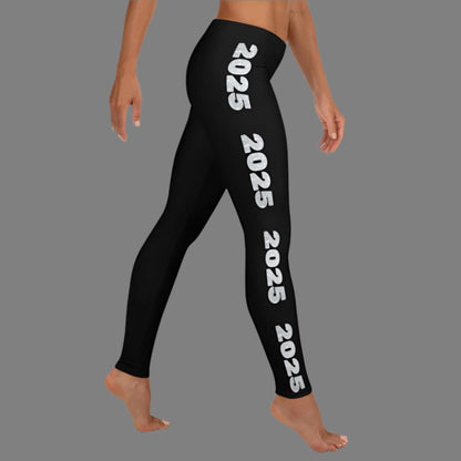 2025 Leggings for Happy New Year Party Celebration or a gift for graduating class of 2025. Black yoga pants have large repeating silver 2025 running down the outside of each leg. Tights are available in women / ladies sizes XS-XL, by jaecrece