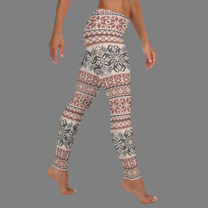 Image: Fair Isle Leggings with a Nordic Snowflake pattern in cream, maroon and navy blue. Scandi Active wear yoga pants for women,  by jaecrece