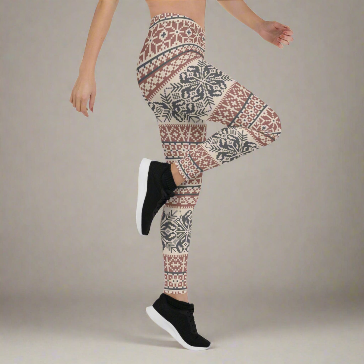 Image: Fair Isle Leggings with a Nordic Snowflake pattern in cream, maroon and navy blue. Scandi Active wear yoga pants for women,  by jaecrece