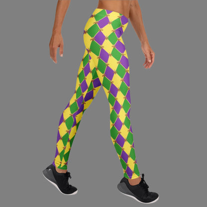 image: harlequin diamond or checkerboard pattern leggings in purple, green and gold, with a repeating Fleur de Lis pattern, by jaecrece
Mardi Gras Leggings, Fat Tuesday Tights, Women Parade Outfit, Yoga Workout Pants, Mommy Me Match, New Orleans NOLA Costume