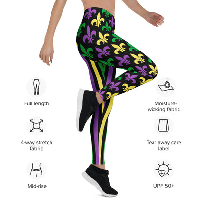 Alt text: Mardi Gras leggings for toddler girls, tweens, and women. Featuring a black background, one leg has bold gold, green, and purple stripes, while the other showcases a fleur-de-lis pattern. Perfect for celebrating New Orleans style with festive flair.