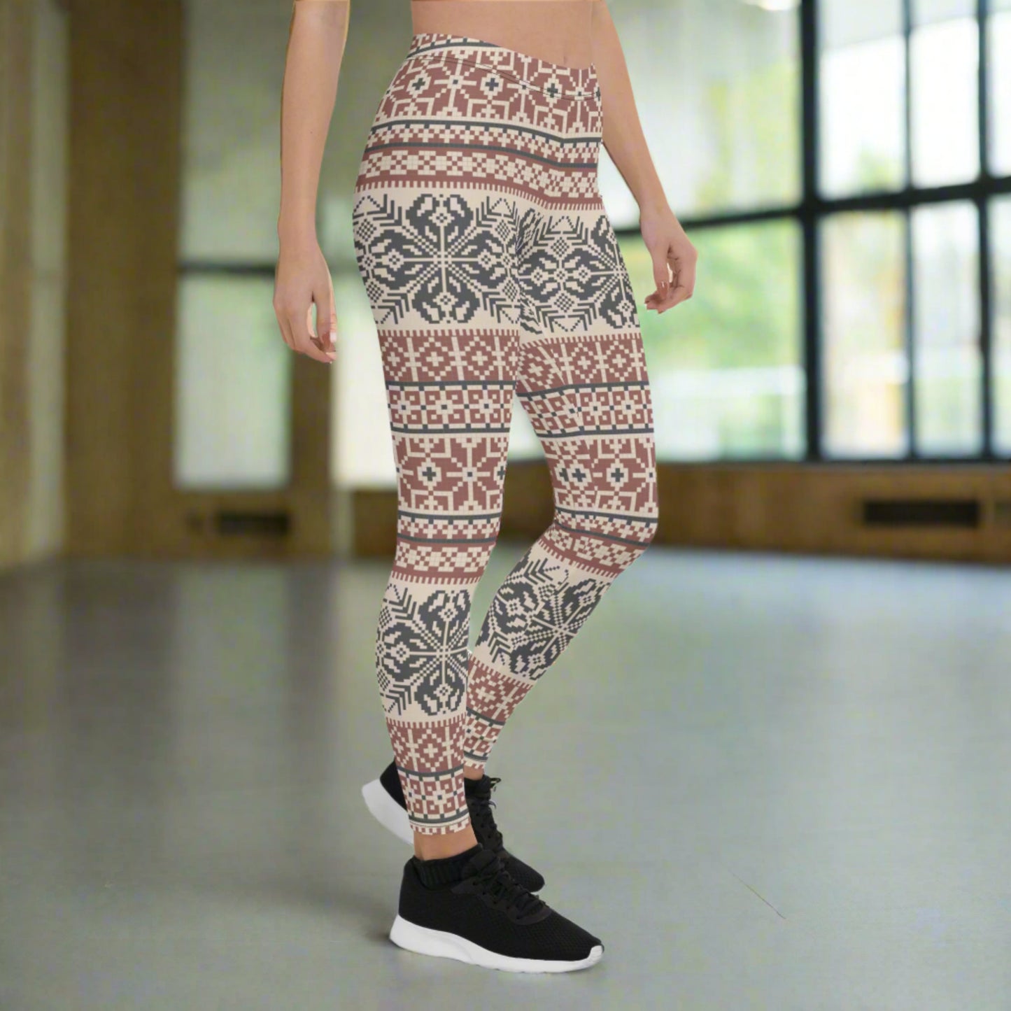 Image: Fair Isle Leggings with a Nordic Snowflake pattern in cream, maroon and navy blue. Scandi Active wear yoga pants for women,  by jaecrece