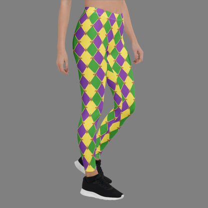 image: harlequin diamond or checkerboard pattern leggings in purple, green and gold, with a repeating Fleur de Lis pattern, by jaecrece
Mardi Gras Leggings, Fat Tuesday Tights, Women Parade Outfit, Yoga Workout Pants, Mommy Me Match, New Orleans NOLA Costume