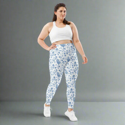 These plus size yoga leggings feature a gorgeous blue toile floral pattern and are crafted for comfort, stretch, and style in sizes 2XL–6XL. With moisture-wicking, four-way stretch fabric and a wide waistband, they offer the perfect fit for lounging, running errands, or gentle workouts. Designed to match toddler and women’s leggings for a full family look.