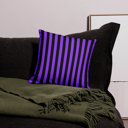 Our Cute Ghosts Halloween throw pillow has a different print on each side. One side is purple with black ghosts, and the other side is black and purple stripes. This accent pillow is the perfect home decor spooky gift for the Halloween season. by jaecrece