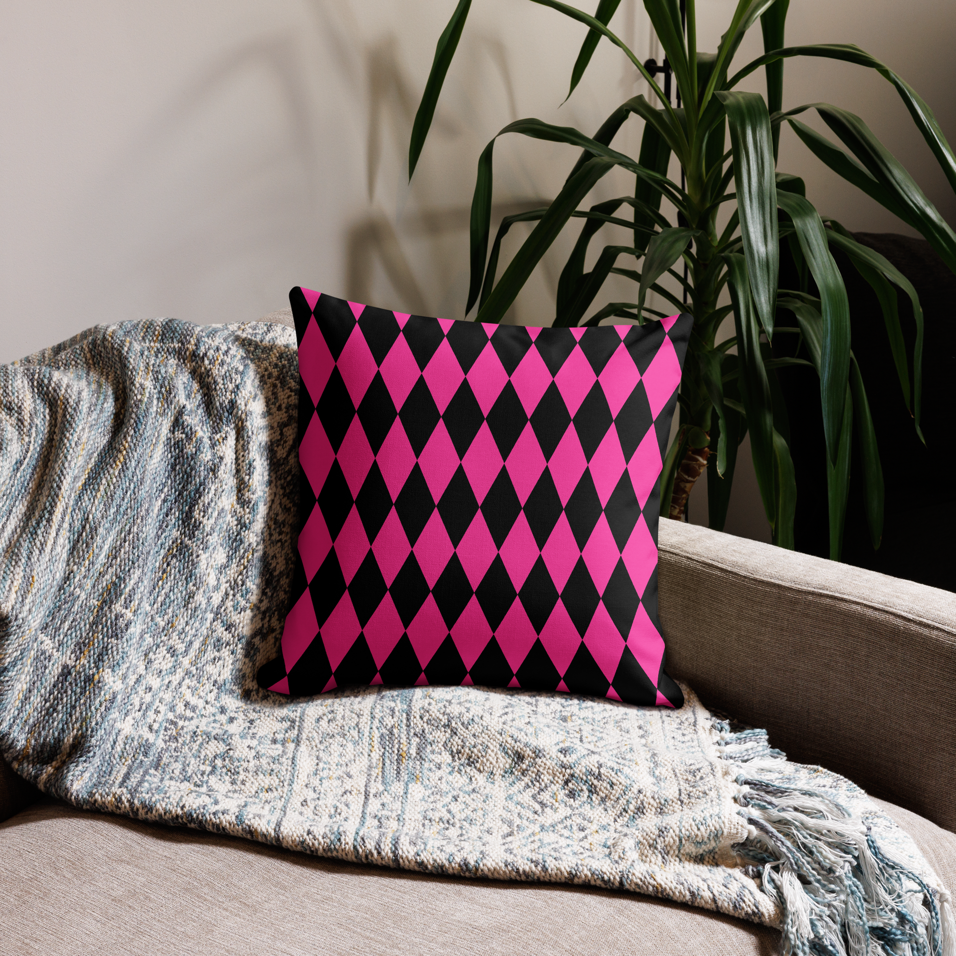 Ghost Face Pink Throw Pillow- this pillow is bright pink with ghost face on the front and has  black & bright pink diamond pattern on the back. Cute Halloween Accent Pillow, Pink Ghost Spooky Vibes, House Decoration, Haunted Mansion Decor, Fall Girly