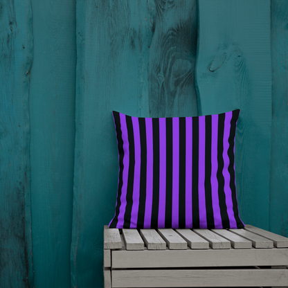 Our Cute Ghosts Halloween throw pillow has a different print on each side. One side is purple with black ghosts, and the other side is black and purple stripes. This accent pillow is the perfect home decor spooky gift for the Halloween season. by jaecrece