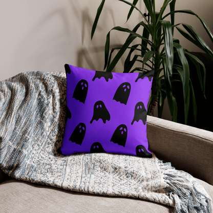 Our Cute Ghosts Halloween throw pillow has a different print on each side. One side is purple with black ghosts, and the other side is black and purple stripes. This accent pillow is the perfect home decor spooky gift for the Halloween season. by jaecrece