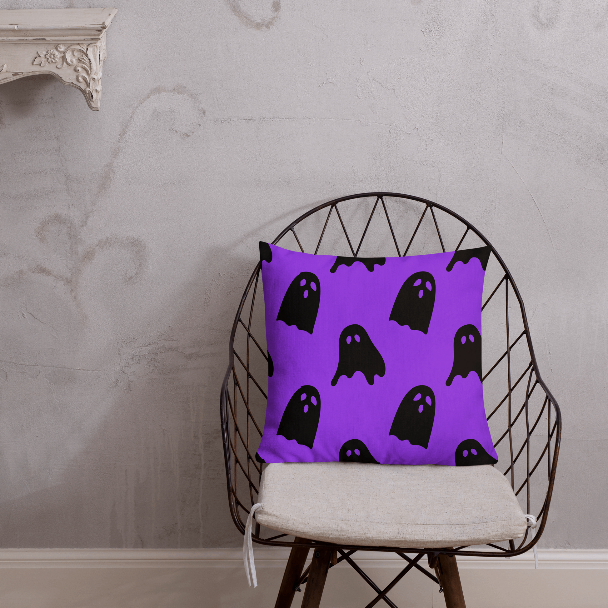 Our Cute Ghosts Halloween throw pillow has a different print on each side. One side is purple with black ghosts, and the other side is black and purple stripes. This accent pillow is the perfect spooky gift for the Halloween season. by jaecrece