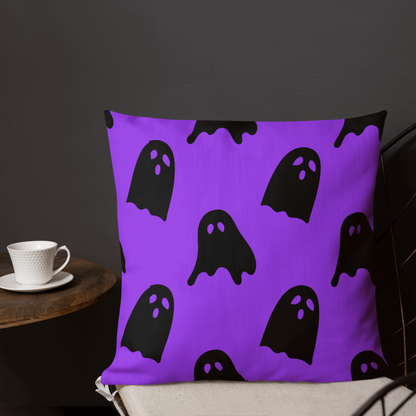 Our Cute Ghosts Halloween throw pillow has a different print on each side. One side is purple with black ghosts, and the other side is black and purple stripes. This accent pillow is the perfect spooky gift for the Halloween season. by jaecrece