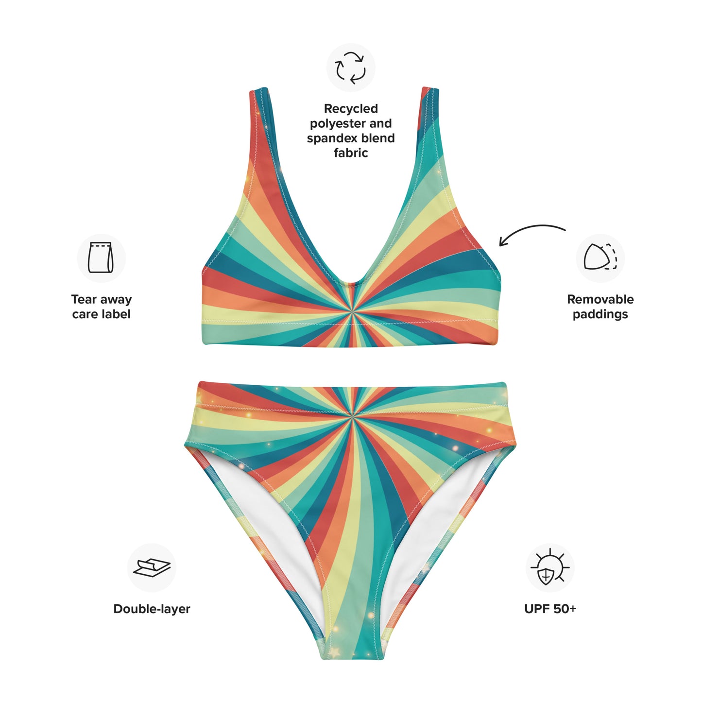 Stars and Rainbow Swirls Recycled High Waisted Bikini