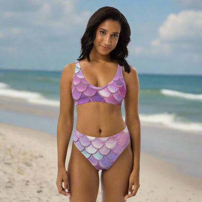 Image: Mermaid Two Piece Recycled Bikini for Women. Mermaid Swimwear for Ladies, which features mermaid scales in shades of blue, pink and purple. 