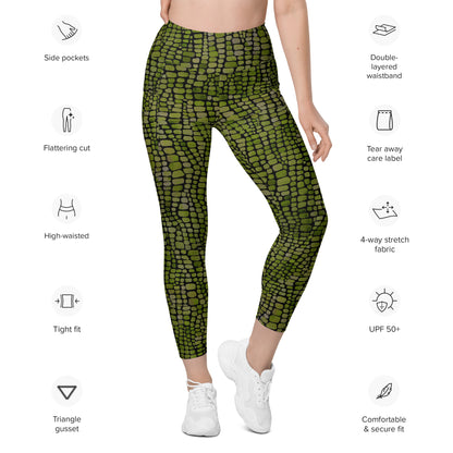 Reptile print ladies leggings. These green yoga pants have a black reptile print pattern. These tights are available in plus/ extended sizes, and are perfect for casual wear, cosplay, Halloween Trick or treating or yoga class. Similar to a snake, lizard or dinosaur print, by jaecrece