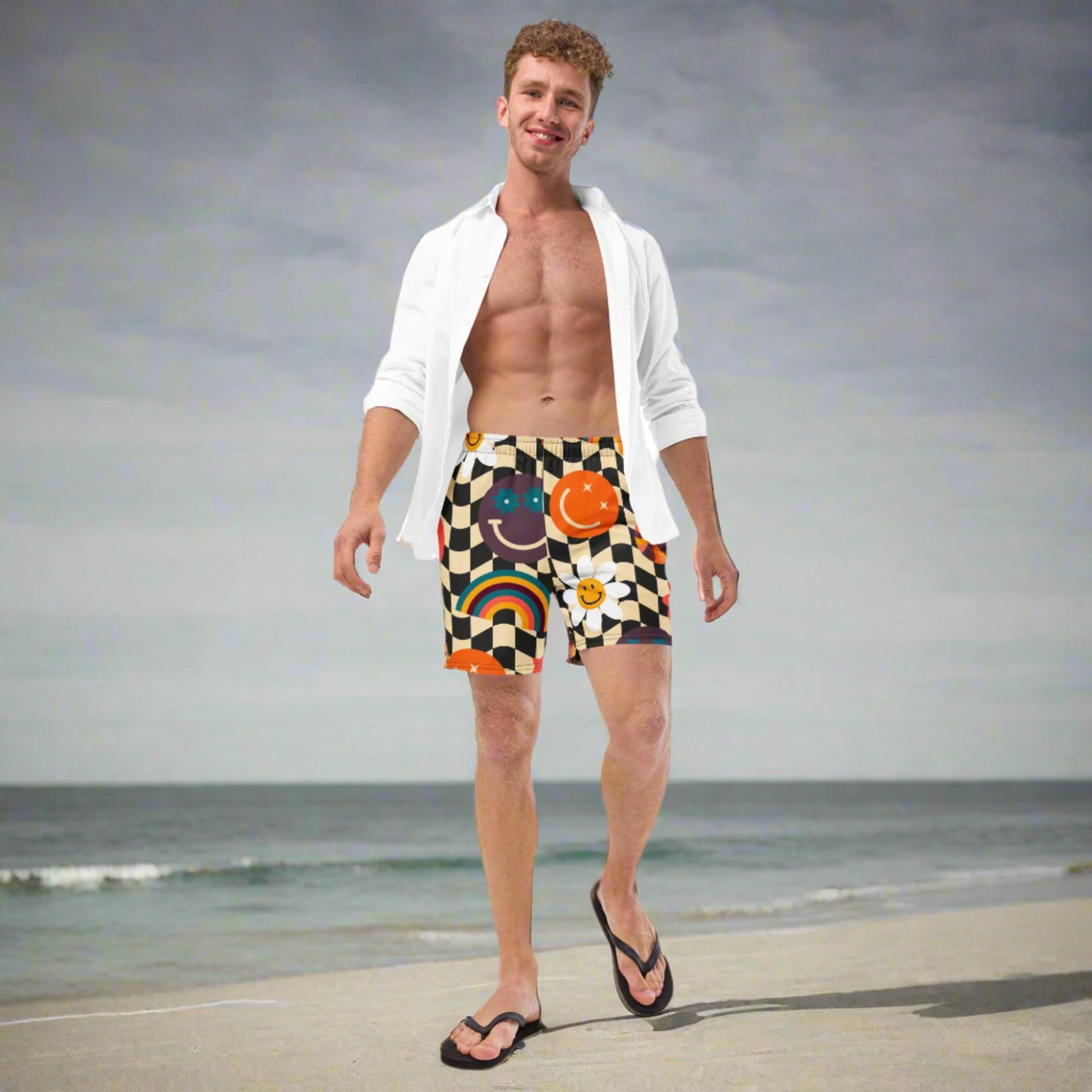 Smiley Face Checkerboard Mens Recycled Swim Trunks Family Matching Swim Wear Groovy Style Bathing Suit. These swim trunks feature a retro smiley face checkerboard pattern, with flowers and rainbows by jaecrece.com