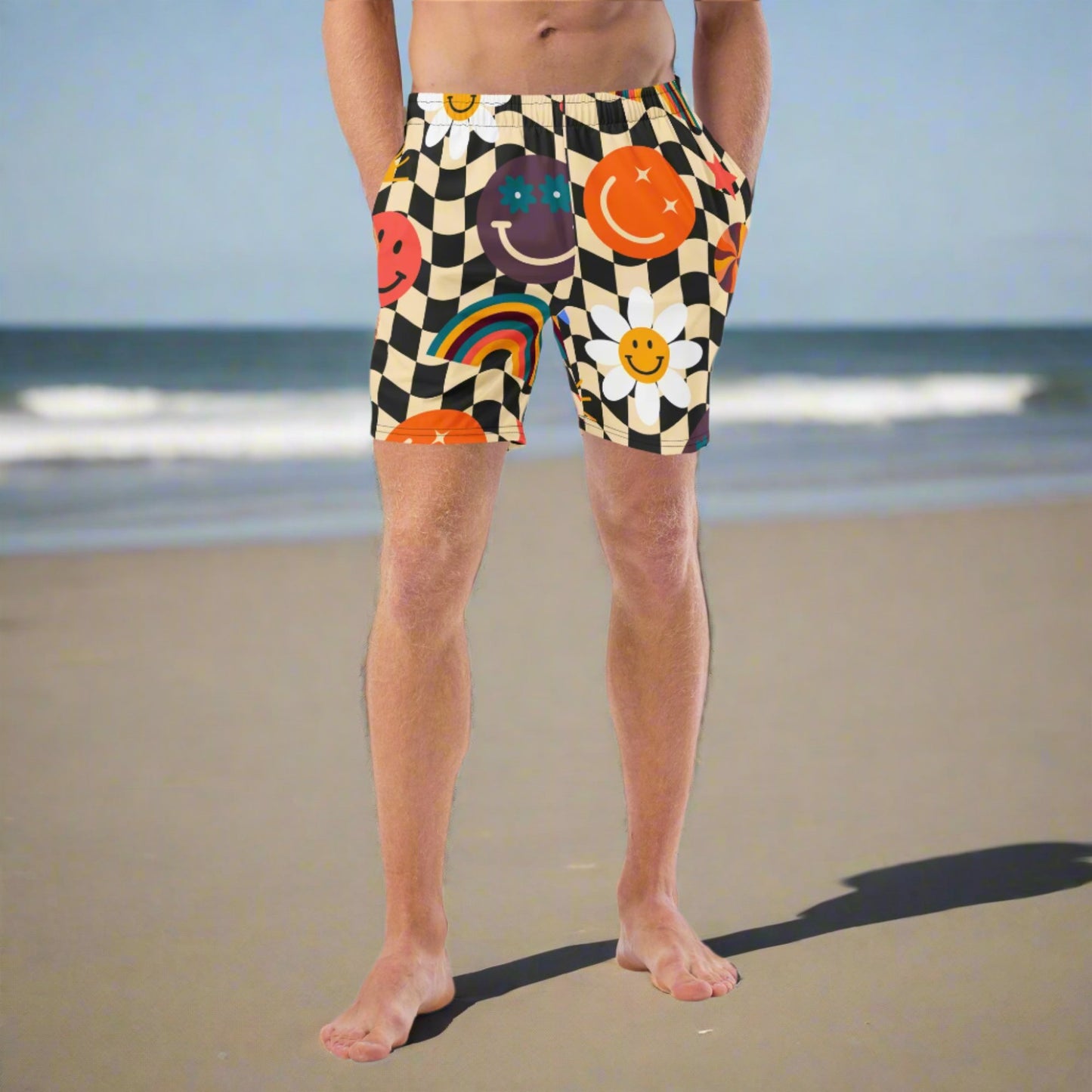 Smiley Face Checkerboard Mens Recycled Swim Trunks Family Matching Swim Wear Groovy Style Bathing Suit. These swim trunks feature a retro smiley face checkerboard pattern, with flowers and rainbows by jaecrece.com