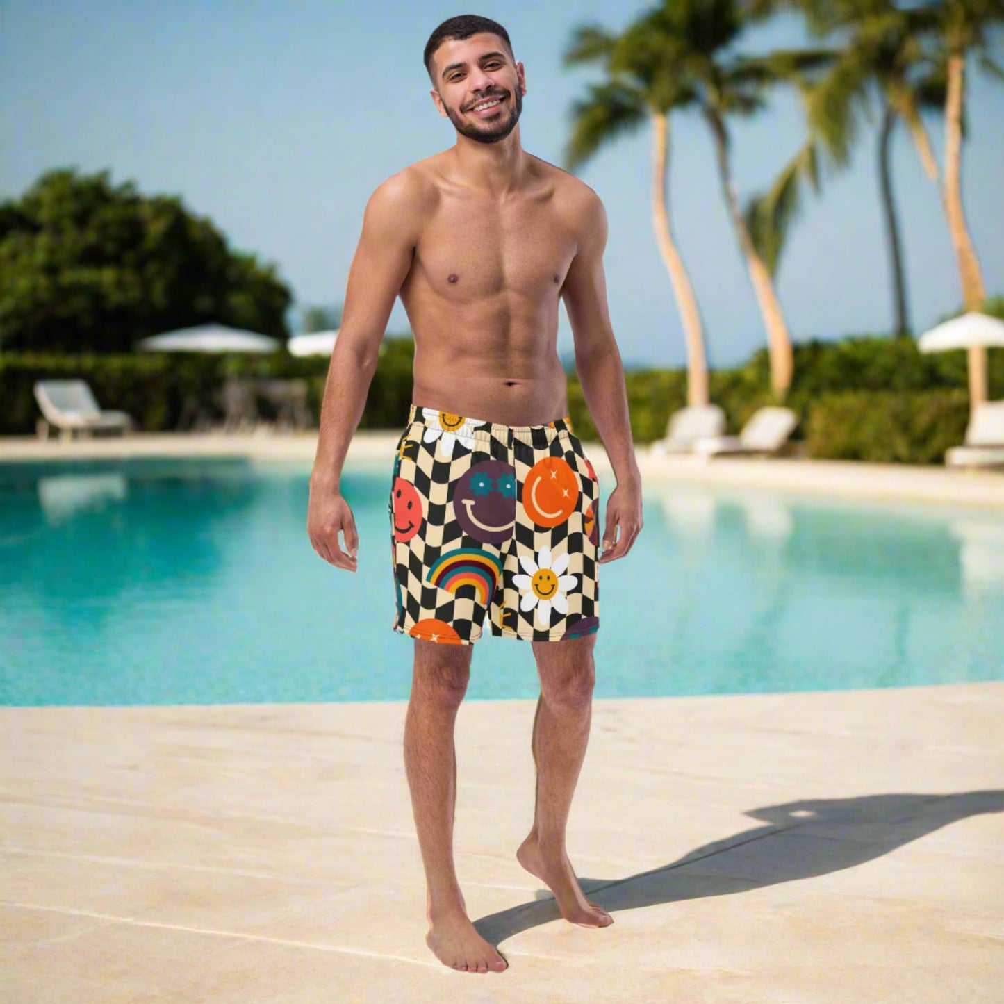 Smiley Face Checkerboard Mens Recycled Swim Trunks Family Matching Swim Wear Groovy Style Bathing Suit. These swim trunks feature a retro smiley face checkerboard pattern, with flowers and rainbows by jaecrece.com