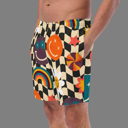 Smiley Face Checkerboard Mens Recycled Swim Trunks Family Matching Swim Wear Groovy Style Bathing Suit. These swim trunks feature a retro smiley face checkerboard pattern, with flowers and rainbows by jaecrece.com