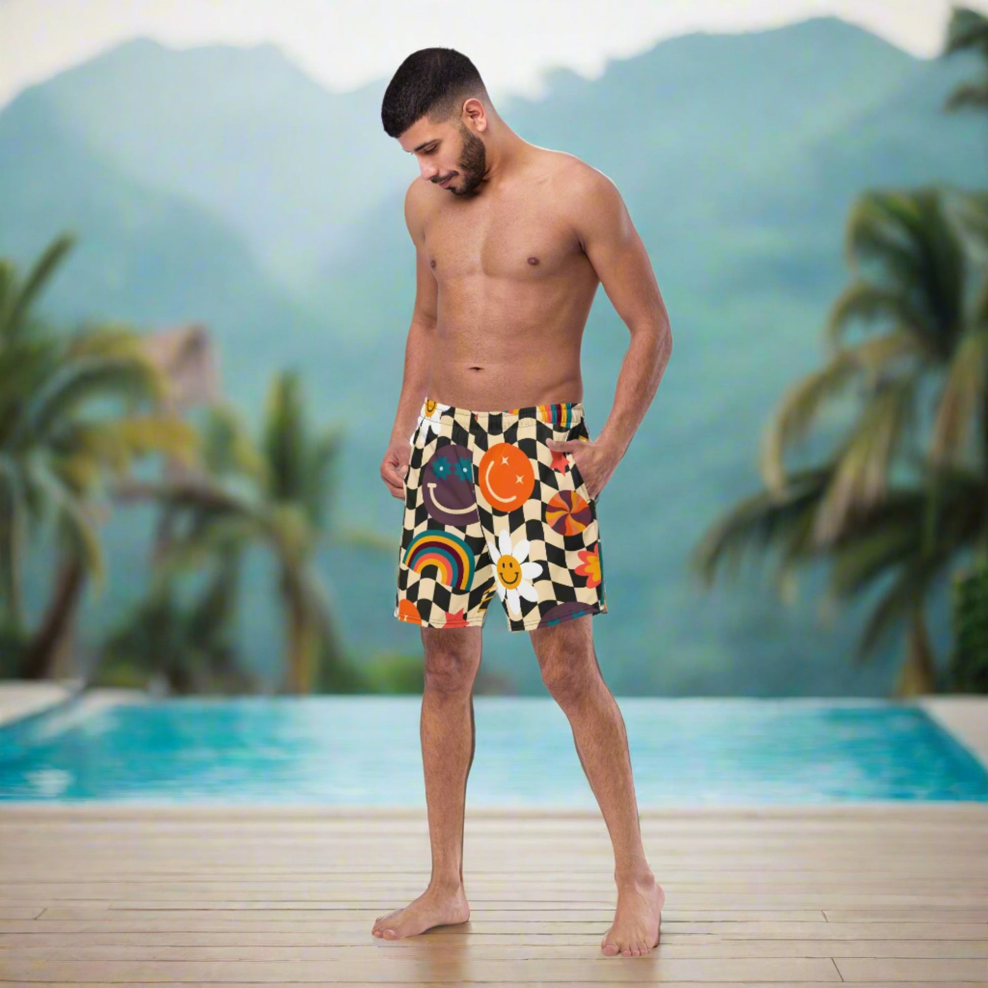 Smiley Face Checkerboard Mens Recycled Swim Trunks Family Matching Swim Wear Groovy Style Bathing Suit. These swim trunks feature a retro smiley face checkerboard pattern, with flowers and rainbows by jaecrece.com