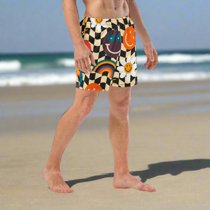 Smiley Face Checkerboard Mens Recycled Swim Trunks Family Matching Swim Wear Groovy Style Bathing Suit. These swim trunks feature a retro smiley face checkerboard pattern, with flowers and rainbows by jaecrece.com