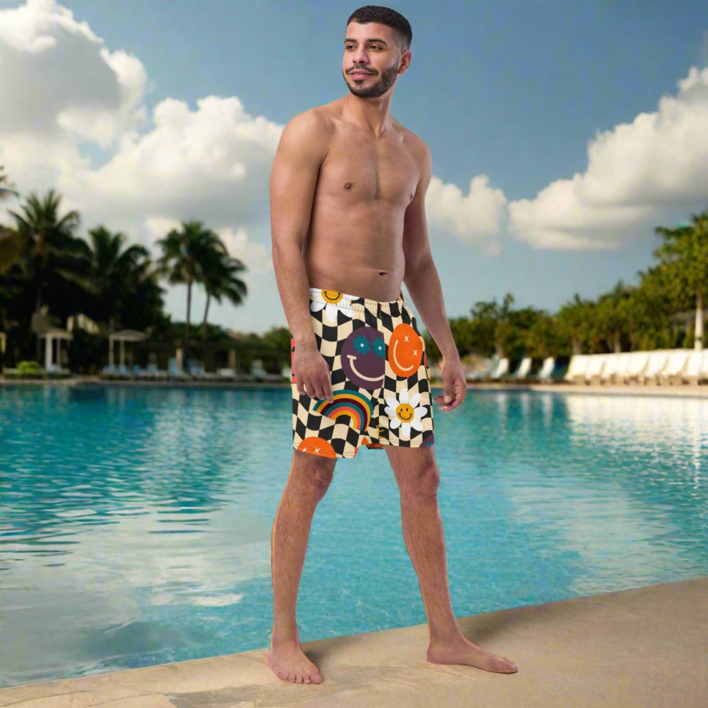 Smiley Face Checkerboard Mens Recycled Swim Trunks Family Matching Swim Wear Groovy Style Bathing Suit. These swim trunks feature a retro smiley face checkerboard pattern, with flowers and rainbows by jaecrece.com