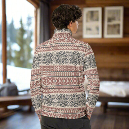 Image: Fair Isle Unisex Lightweight Track Jacket, with a burgundy and navy traditional Nordic snowflake pattern, by jaecrece