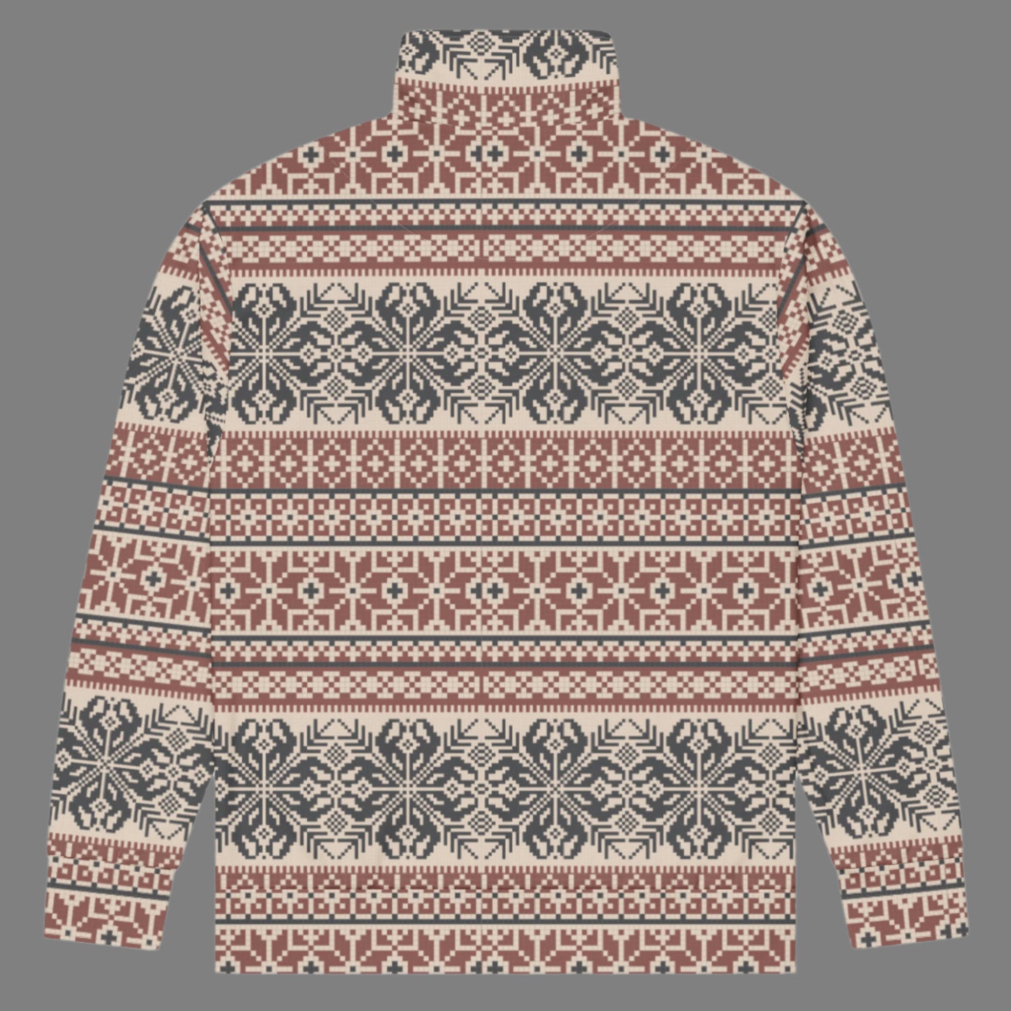 Image: Fair Isle Unisex Lightweight Track Jacket, with a burgundy and navy traditional Nordic snowflake pattern, by jaecrece