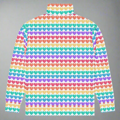 Image: Rainbow Hearts Unisex Track Jacket. This lightweight athletic coat has rows of hearts in the color of the rainbow. Great active wear jacket for Valentines Day or LGBTQ Pride parades, by jaecrece