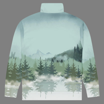 Image: Winter Forest Unisex Track Jacket. This nature inspired workout jacket has an ombre snowy mountain print that fades from a blue gray sky to mountains and pine trees to white snow. Suitable for men and women, by jaecrece