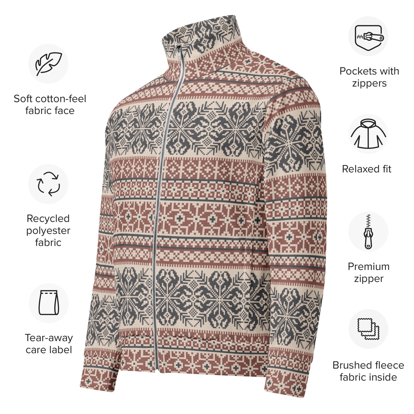 Image: Fair Isle Unisex Lightweight Track Jacket, with a burgundy and navy traditional Nordic snowflake pattern, by jaecrece