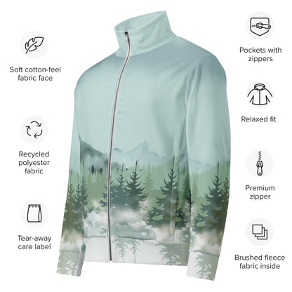 Image: Winter Forest Unisex Track Jacket. This nature inspired workout jacket has an ombre snowy mountain print that fades from a blue gray sky to mountains and pine trees to white snow. Suitable for men and women, by jaecrece