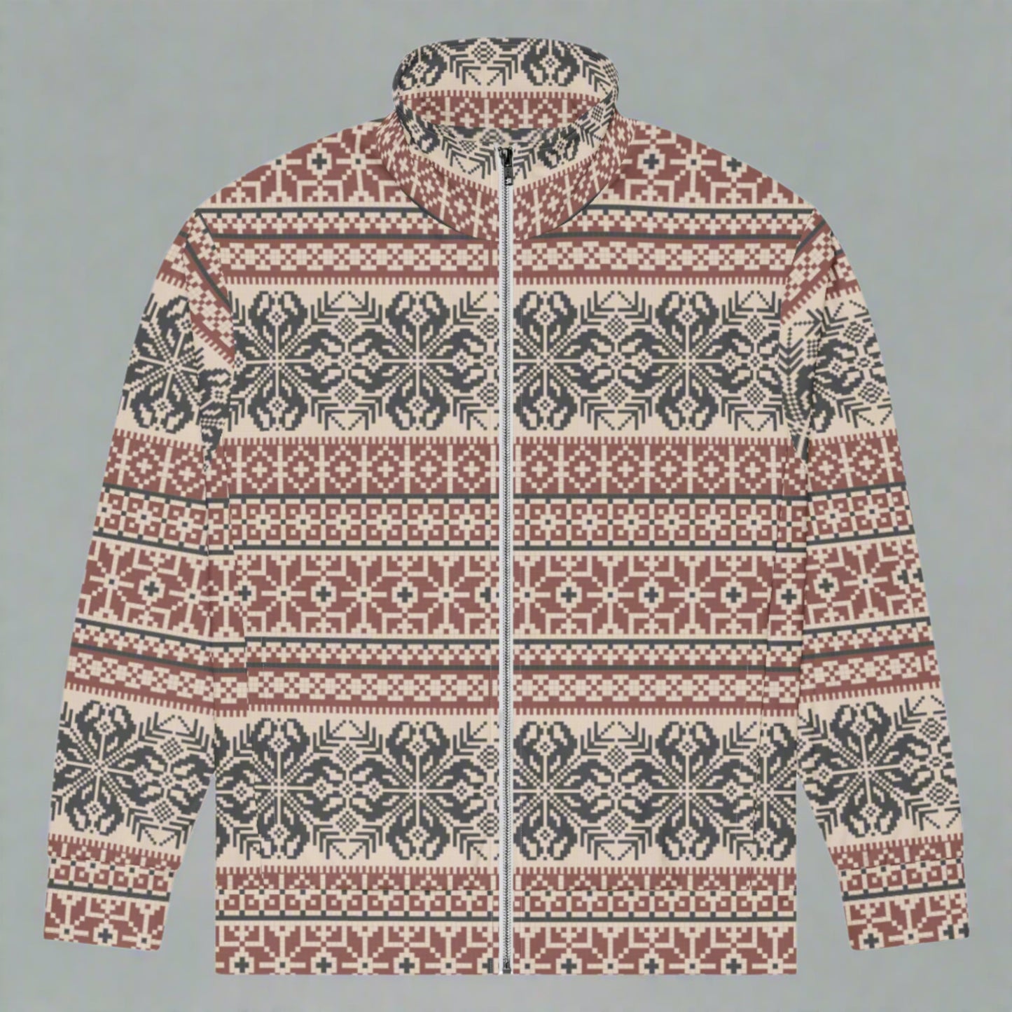 Image: Fair Isle Unisex Lightweight Track Jacket, with a burgundy and navy traditional Nordic snowflake pattern, by jaecrece