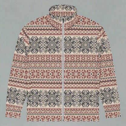 Image: Fair Isle Unisex Lightweight Track Jacket, with a burgundy and navy traditional Nordic snowflake pattern, by jaecrece