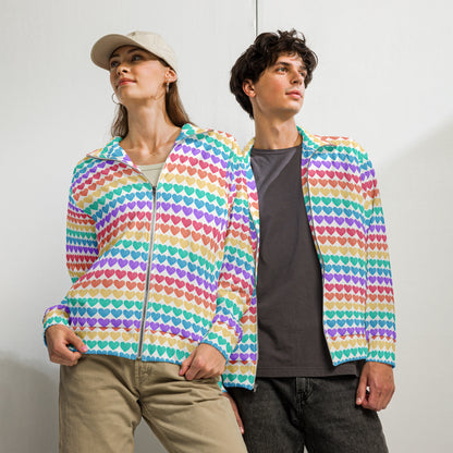 Image: Rainbow Hearts Unisex Track Jacket. This lightweight athletic coat has rows of hearts in the color of the rainbow. Great active wear jacket for Valentines Day or LGBTQ Pride parades, by jaecrece