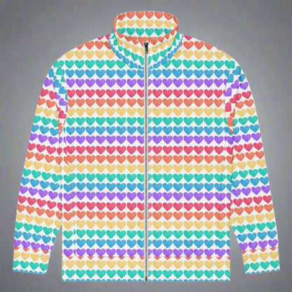 Image: Rainbow Hearts Unisex Track Jacket. This lightweight athletic coat has rows of hearts in the color of the rainbow. Great active wear jacket for Valentines Day or LGBTQ Pride parades, by jaecrece