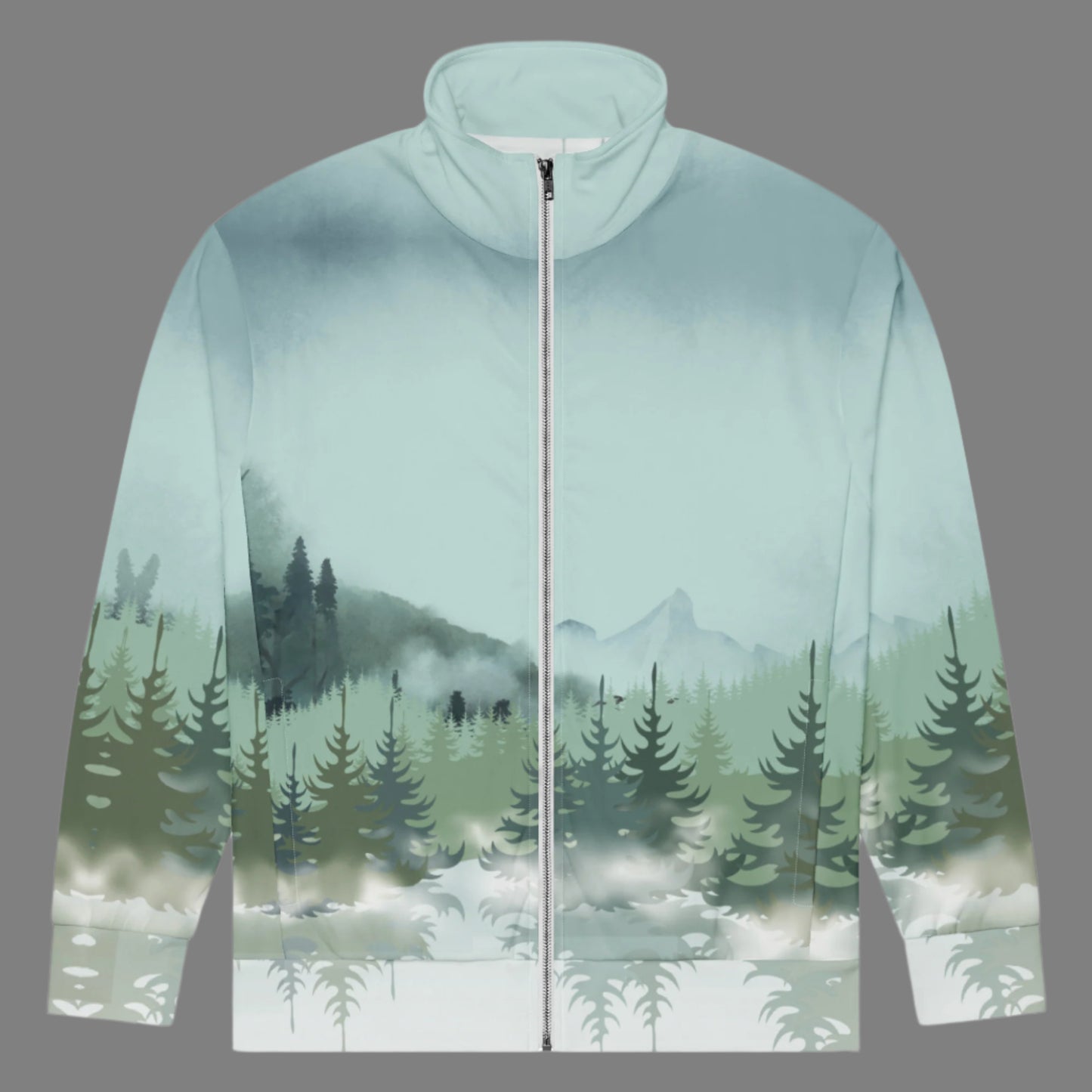 Image: Winter Forest Unisex Track Jacket. This nature inspired workout jacket has an ombre snowy mountain print that fades from a blue gray sky to mountains and pine trees to white snow. Suitable for men and women, by jaecrece