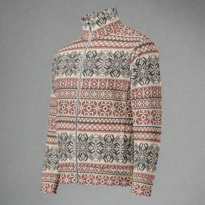 Image: Fair Isle Unisex Lightweight Track Jacket, with a burgundy and navy traditional Nordic snowflake pattern, by jaecrece