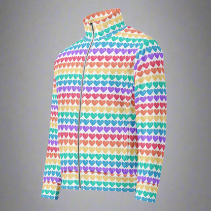 Image: Rainbow Hearts Unisex Track Jacket. This lightweight athletic coat has rows of hearts in the color of the rainbow. Great active wear jacket for Valentines Day or LGBTQ Pride parades, by jaecrece