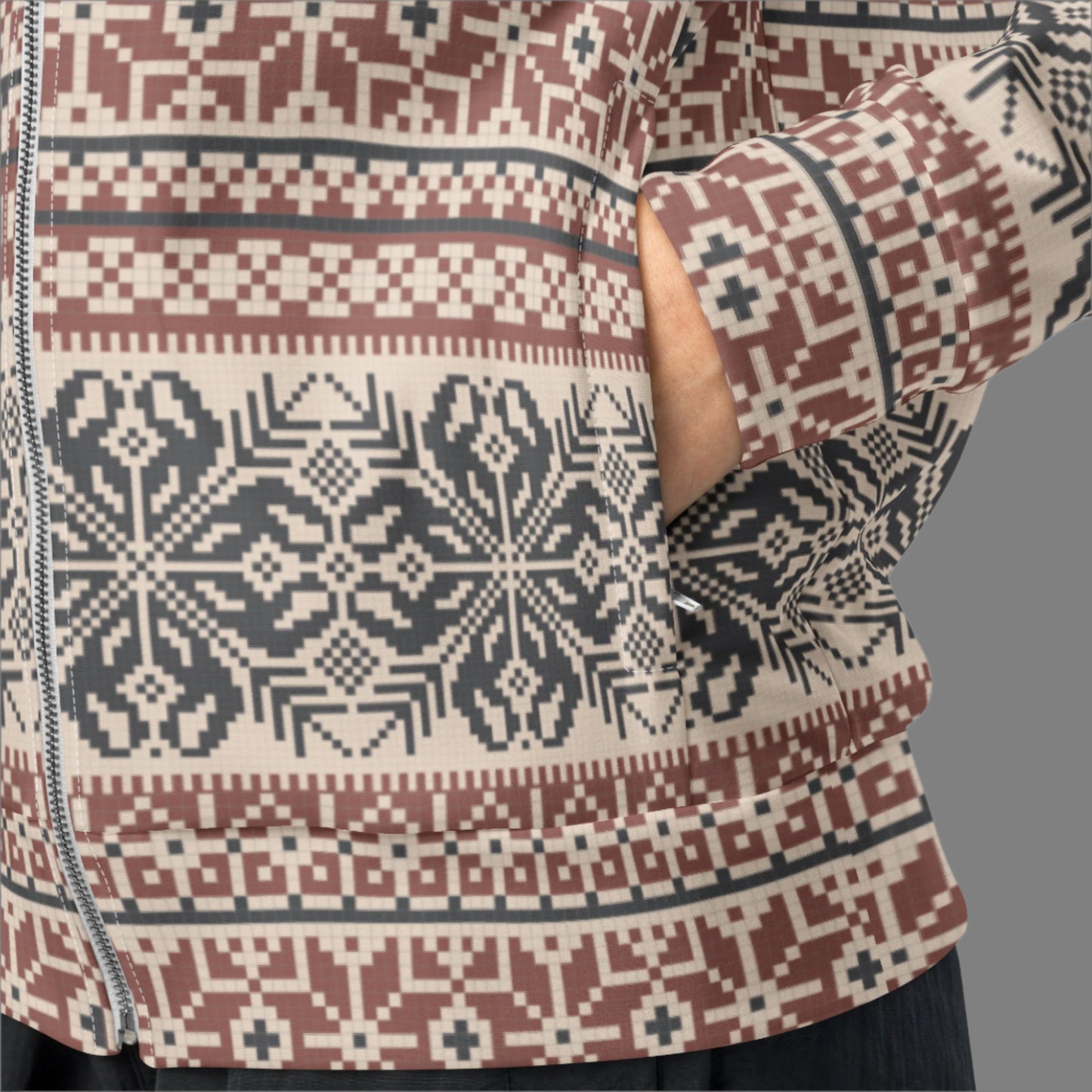 Image: Fair Isle Unisex Lightweight Track Jacket, with a burgundy and navy traditional Nordic snowflake pattern, by jaecrece