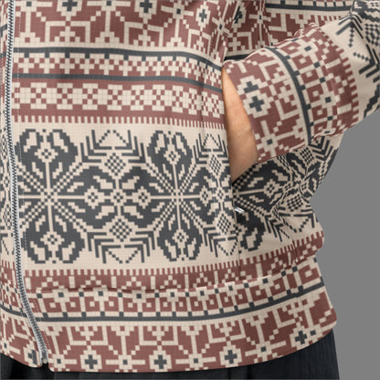 Image: Fair Isle Unisex Lightweight Track Jacket, with a burgundy and navy traditional Nordic snowflake pattern, by jaecrece