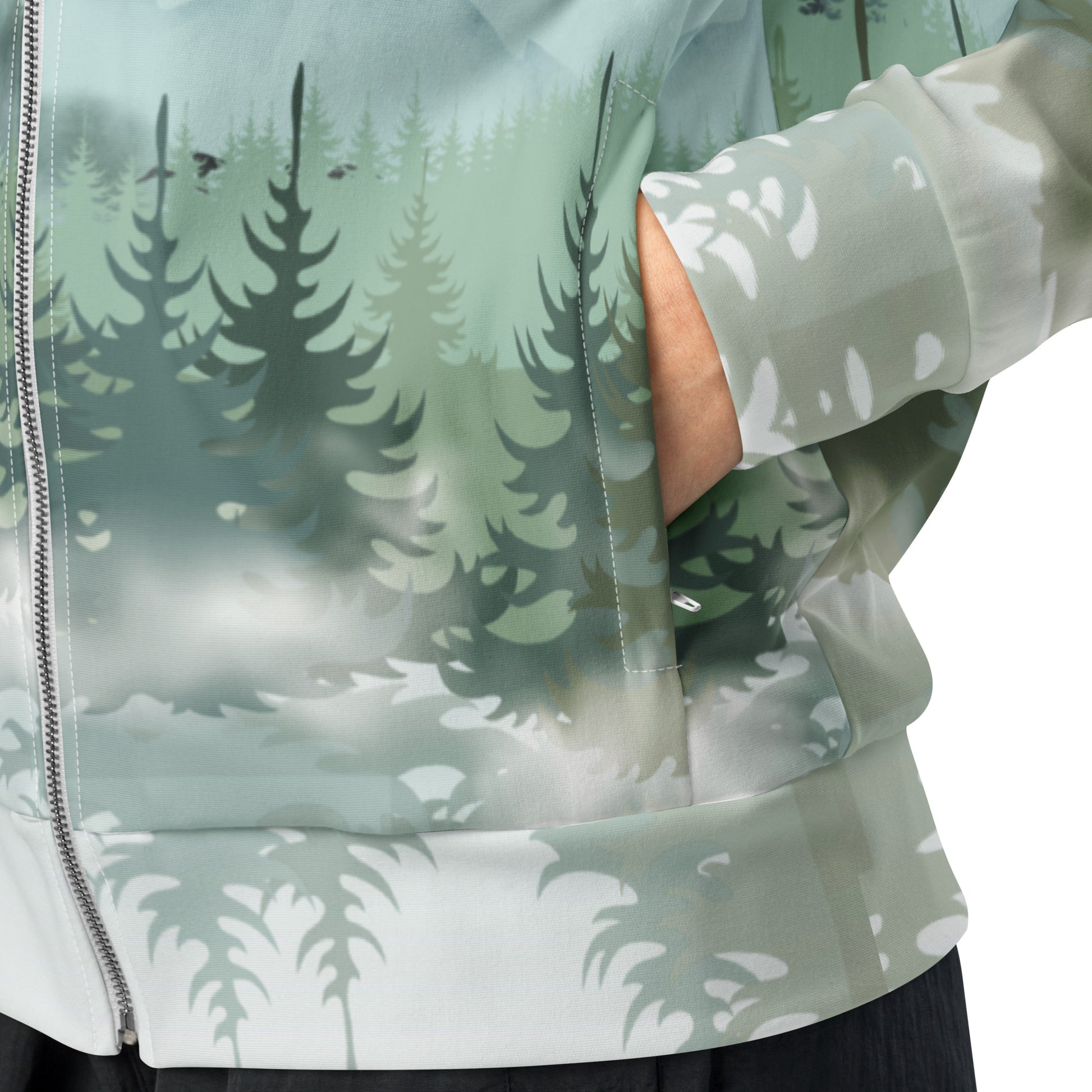 Image: Winter Forest Unisex Track Jacket. This nature inspired workout jacket has an ombre snowy mountain print that fades from a blue gray sky to mountains and pine trees to white snow. Suitable for men and women, by jaecrece