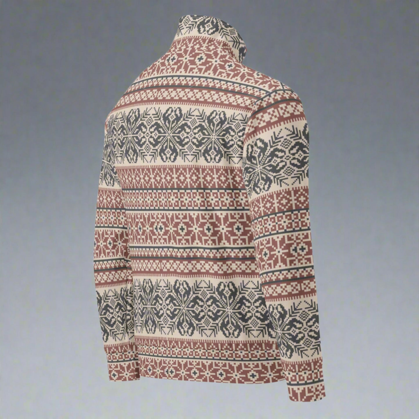 Image: Fair Isle Unisex Lightweight Track Jacket, with a burgundy and navy traditional Nordic snowflake pattern, by jaecrece