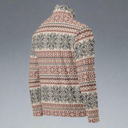 Image: Fair Isle Unisex Lightweight Track Jacket, with a burgundy and navy traditional Nordic snowflake pattern, by jaecrece