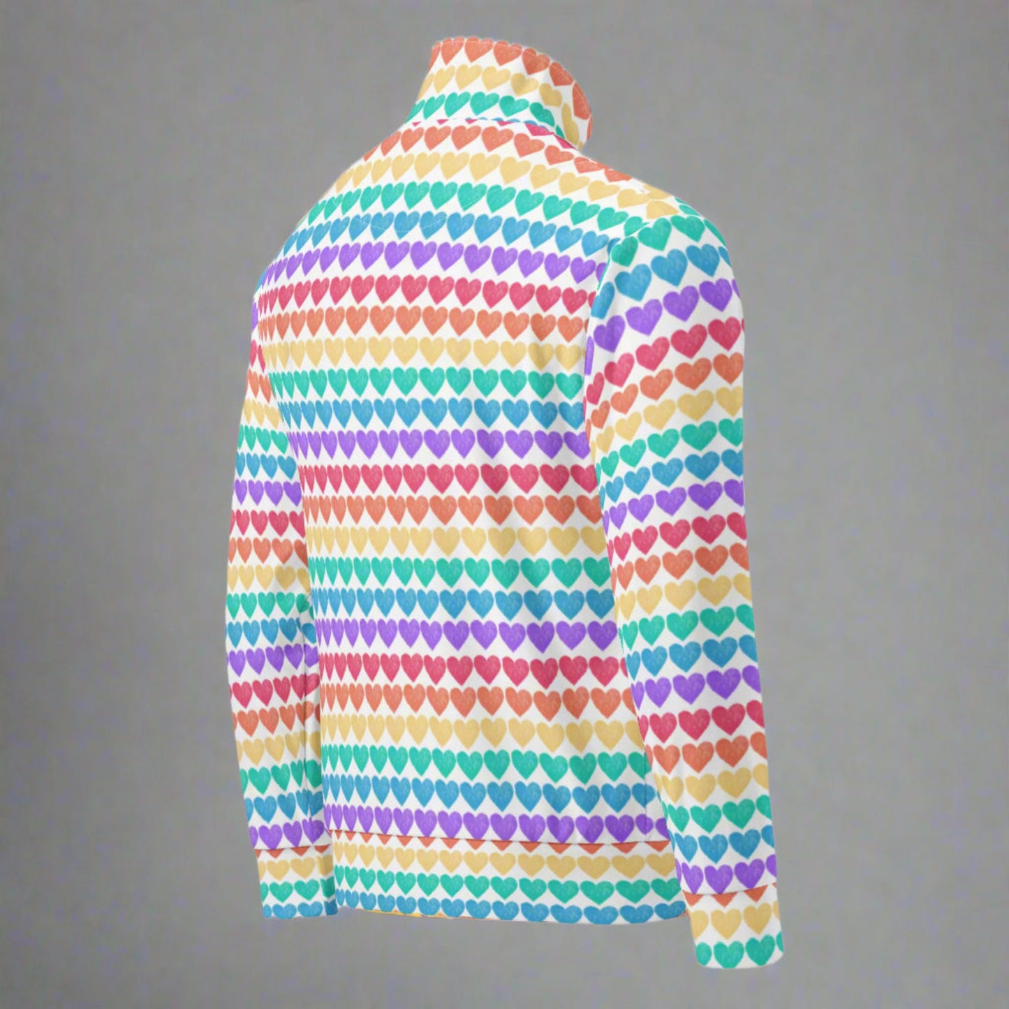 Image: Rainbow Hearts Unisex Track Jacket. This lightweight athletic coat has rows of hearts in the color of the rainbow. Great active wear jacket for Valentines Day or LGBTQ Pride parades, by jaecrece