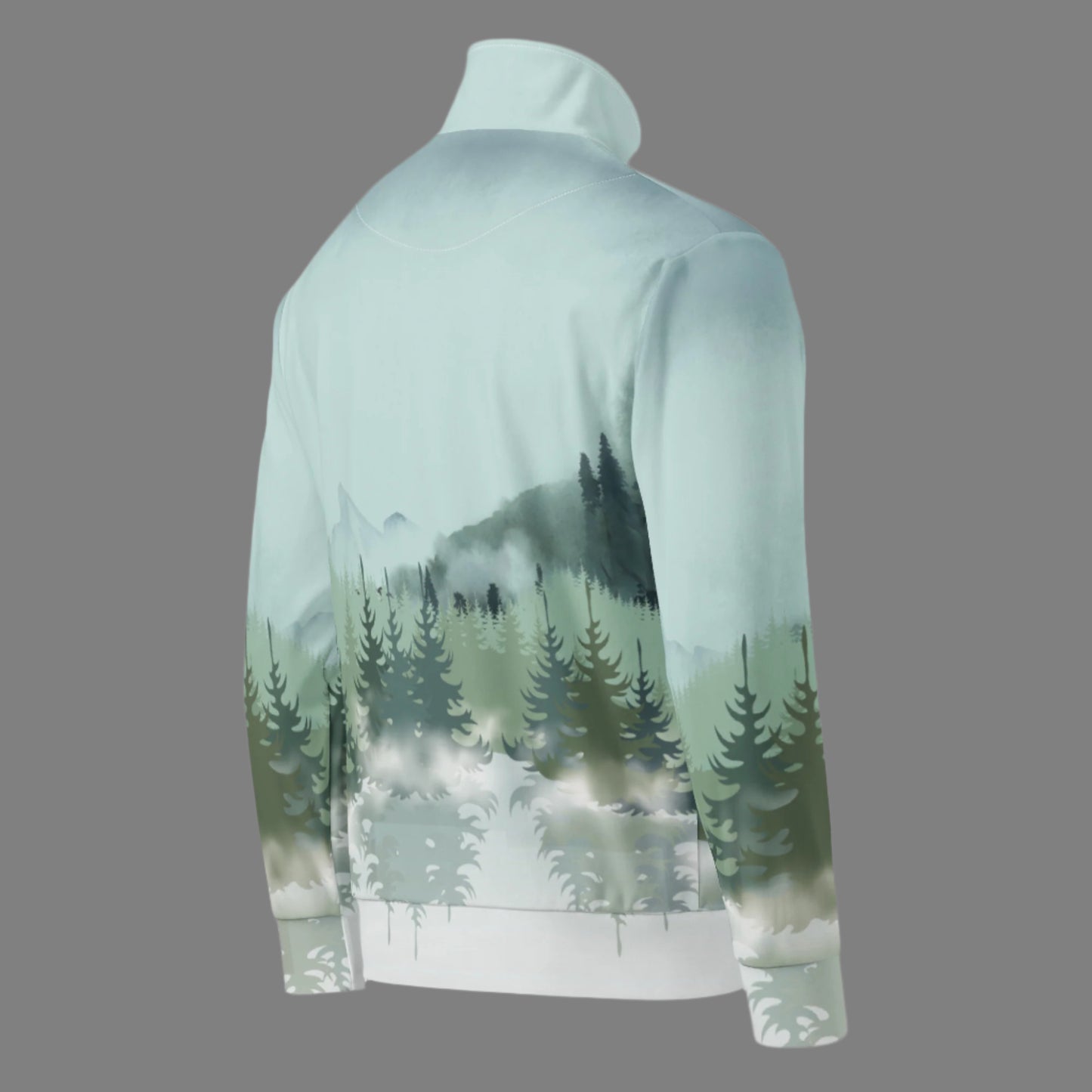 Image: Winter Forest Unisex Track Jacket. This nature inspired workout jacket has an ombre snowy mountain print that fades from a blue gray sky to mountains and pine trees to white snow. Suitable for men and women, by jaecrece