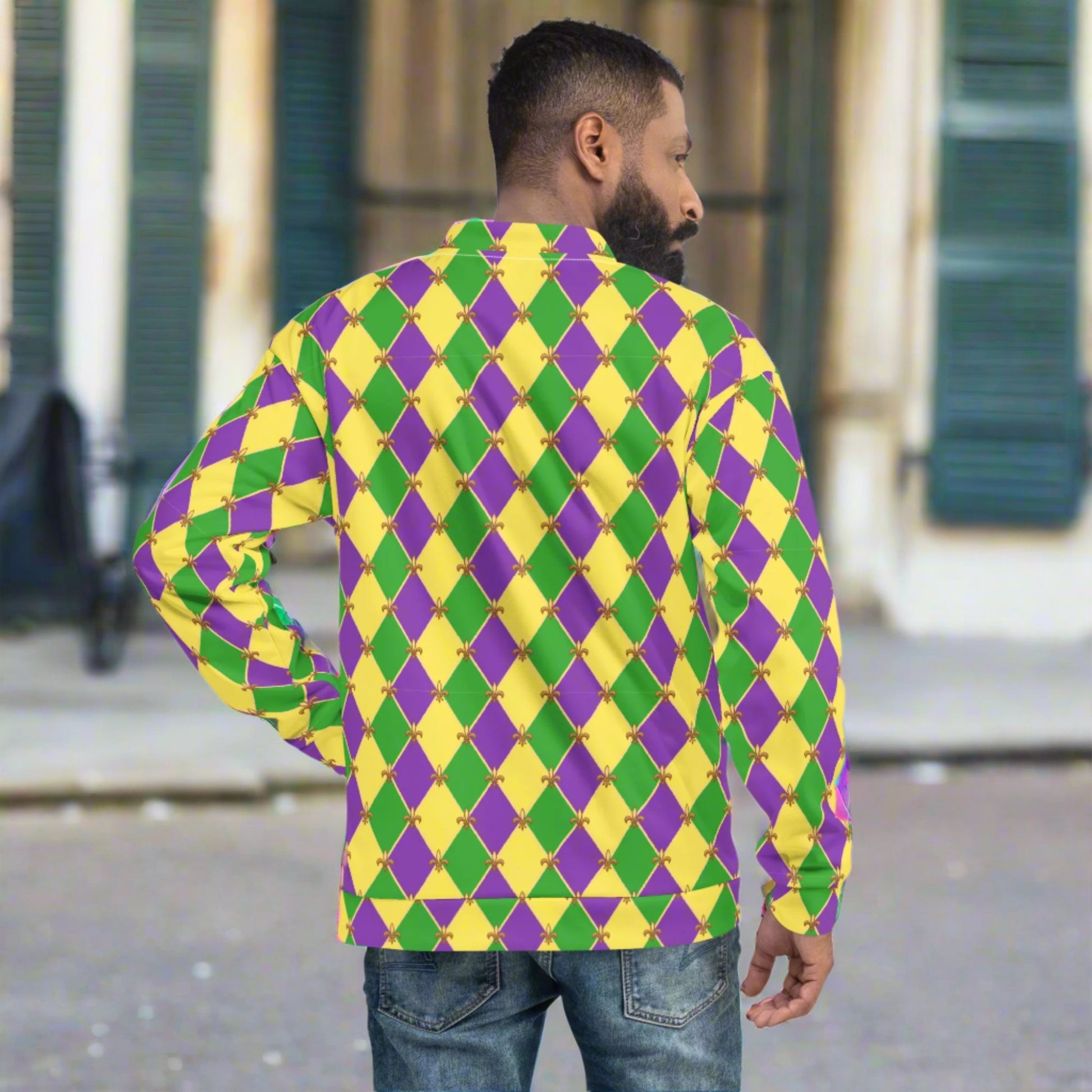 Image: Unisex bomber jacket, with a gold, green and purple diamond fleur de lis pattern. Perfect for your New Orleans Mardi gras parade, the French Quarter, or anywhere you want to be the life of the party, by jaecrece