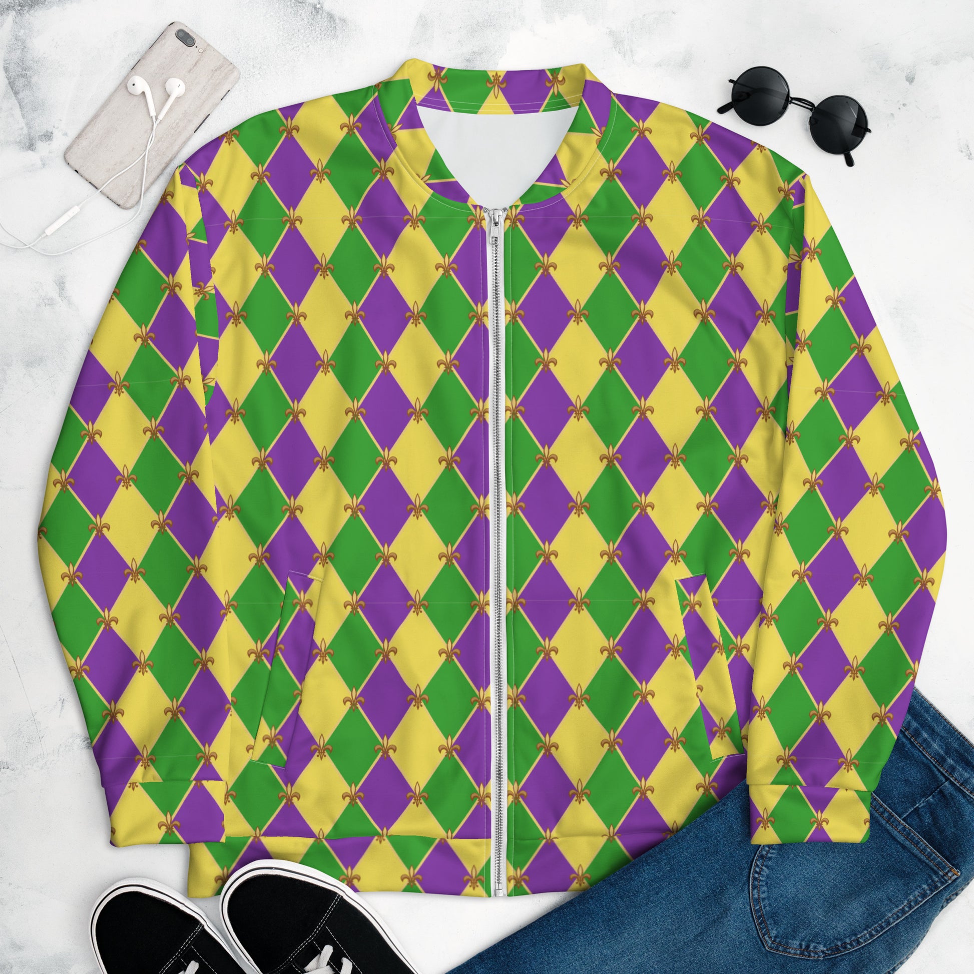 Image: Unisex bomber jacket, with a gold, green and purple diamond fleur de lis pattern. Perfect for your New Orleans Mardi gras parade, the French Quarter, or anywhere you want to be the life of the party, by jaecrece