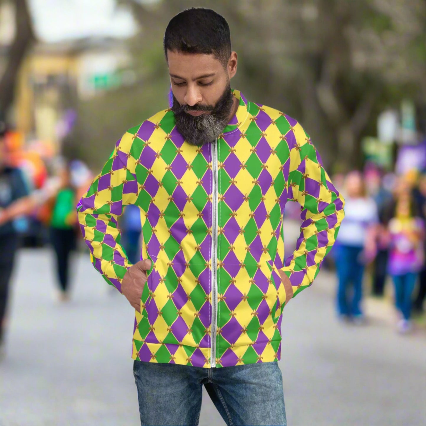 Image: Unisex bomber jacket, with a gold, green and purple diamond fleur de lis pattern. Perfect for your New Orleans Mardi gras parade, the French Quarter, or anywhere you want to be the life of the party, by jaecrece