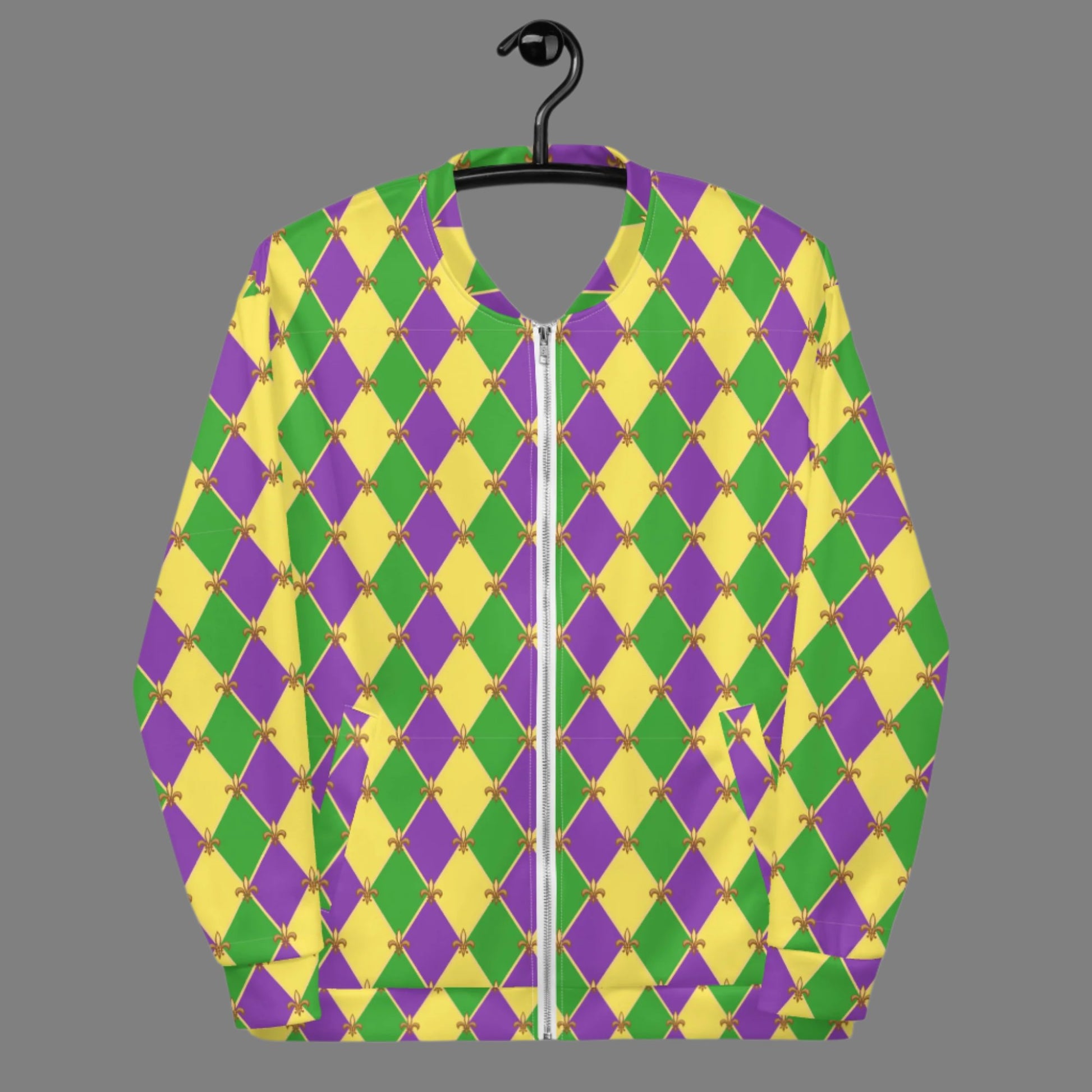 Image: Unisex bomber jacket, with a gold, green and purple diamond fleur de lis pattern. Perfect for your New Orleans Mardi gras parade, the French Quarter, or anywhere you want to be the life of the party, by jaecrece